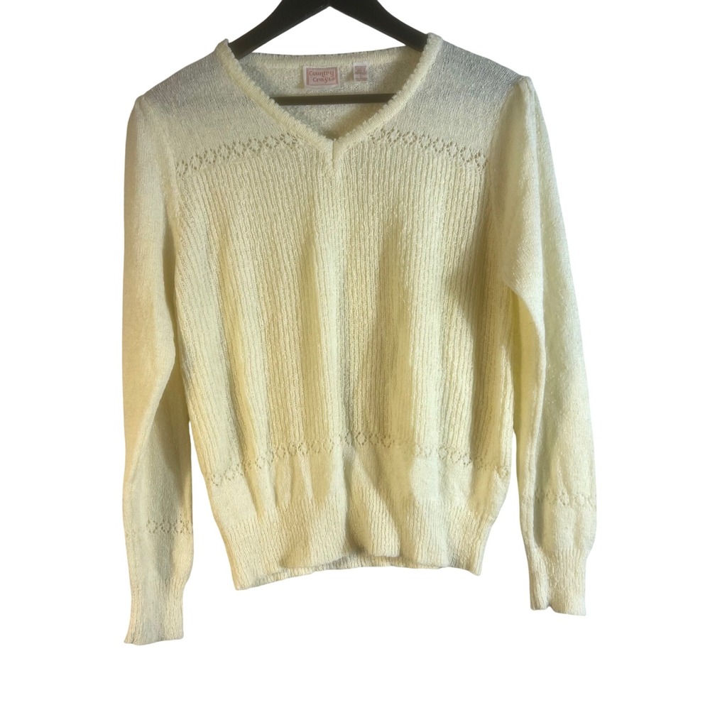 Vtg Country Craft Women's Sweater M Yellow Knit Pullover V-Neck Acrylic Nylon